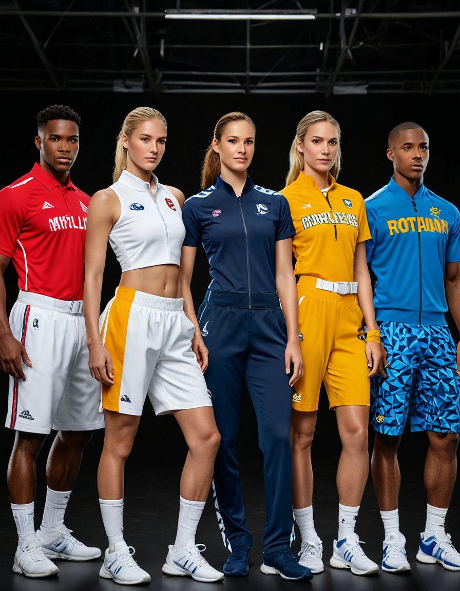 A dynamic scene showcasing diverse athletes and professionals, each wearing custom-designed uniforms that reflect their personal and team identities. The background features an inspiring blend of sports arenas and corporate environments, symbolizing the fusion of athleticism and professionalism. Emphasize vibrant colors and detailed textures in the uniforms, highlighting unique elements like logos and patterns. Capture a sense of movement and energy to signify transformation. super-realistic. vibrant colors.