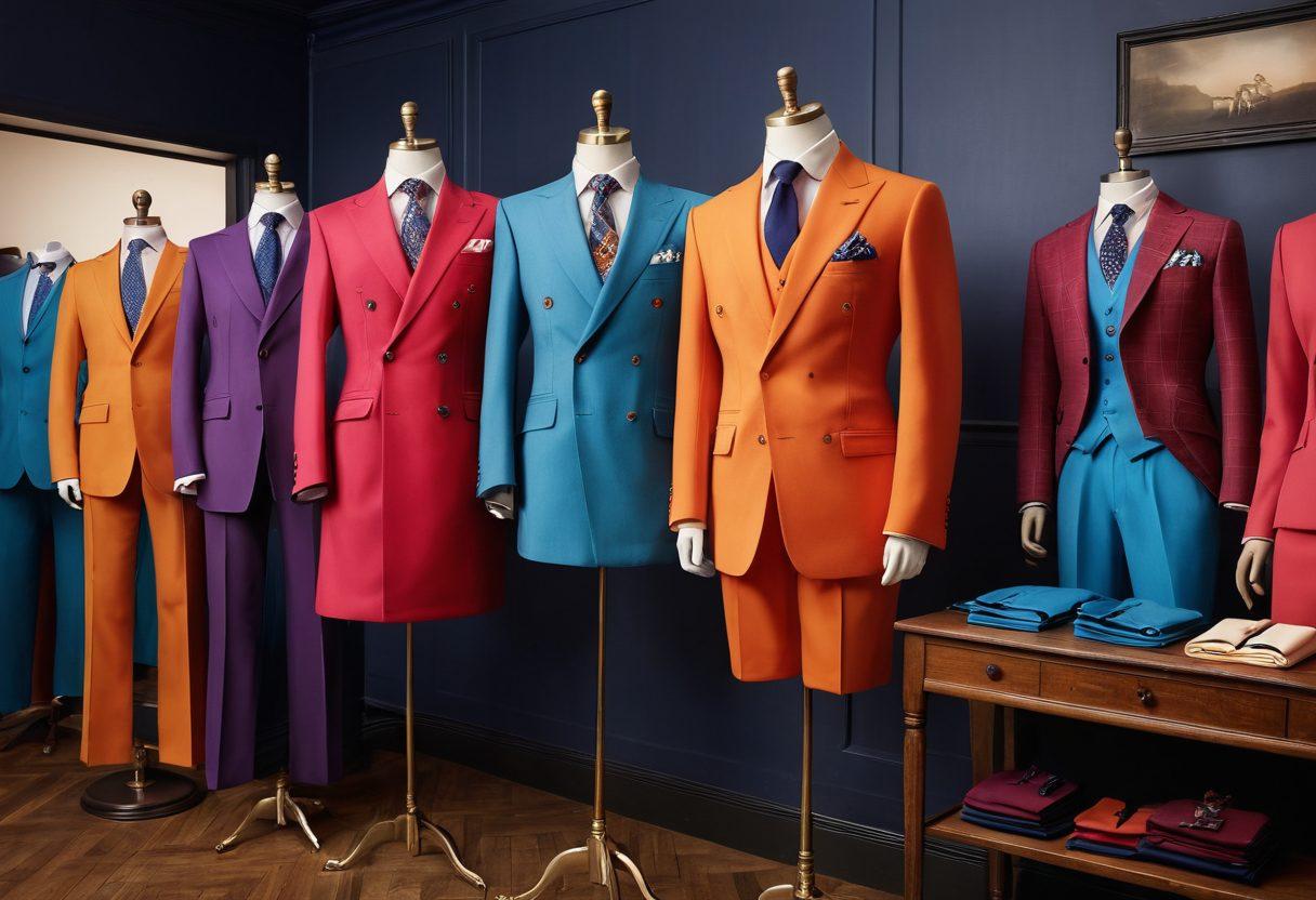 A stylish array of tailored uniforms displayed on elegant mannequins, showcasing different occasions like formal events, casual outings, and sports. The scene is complemented by vibrant swatches of fabric and accessories spread out, representing customization options. A soft focus background of a bustling tailor shop can add warmth and creativity, inviting viewers to explore the world of bespoke fashion. super-realistic. vibrant colors. soft focus.
