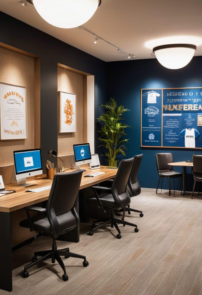 A modern workspace showcasing a diverse group of professionals wearing personalized and premium uniforms, exuding confidence and teamwork. The background features a stylish office with branding elements like logos and motivational quotes, enhancing the brand identity. Include details like embroidery and fabric textures on the uniforms to illustrate customization. Bright, inviting lighting to create an uplifting atmosphere. super-realistic. vibrant colors.